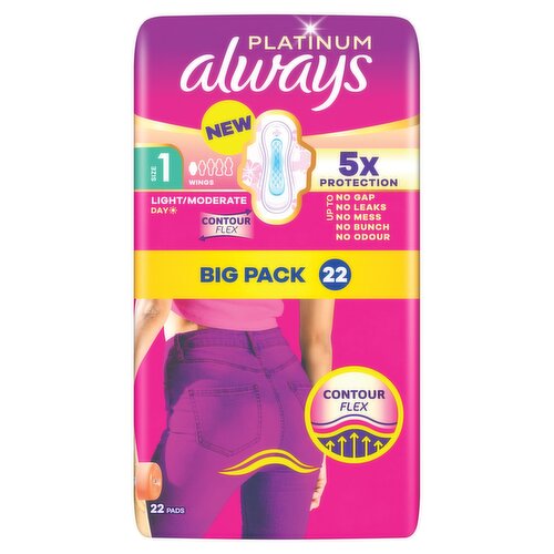 Always Platinum Sanitary Towels Light / Moderate Flow Day (Size 1) Wings 22 Pads