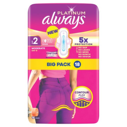 Always Platinum Sanitary Towels Moderate Flow Day (Size 2) Wings 18 Pads