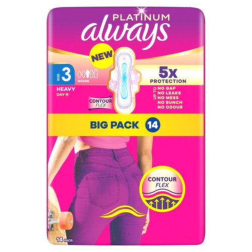 Always Platinum Sanitary Towels Heavy Flow Day (Size 3) Wings 14 Pads