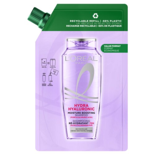 L’Oréal Paris Elvive Hydra Hyaluronic Moisture Boosting Shampoo Refill Pouch, 500ml