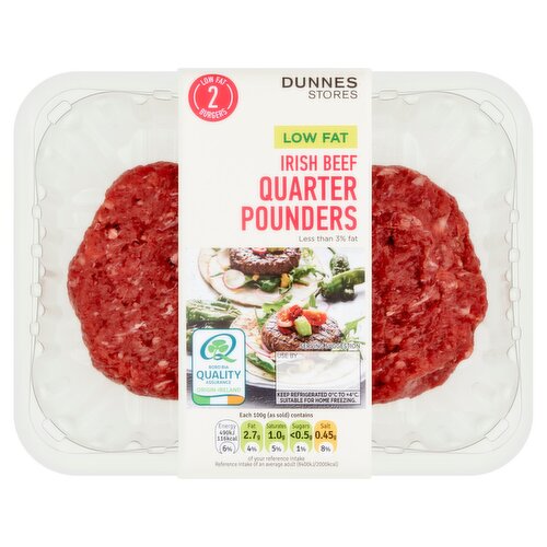 Dunnes Stores 2 Irish Beef Low Fat  Quarter Pounders Burgers 227g