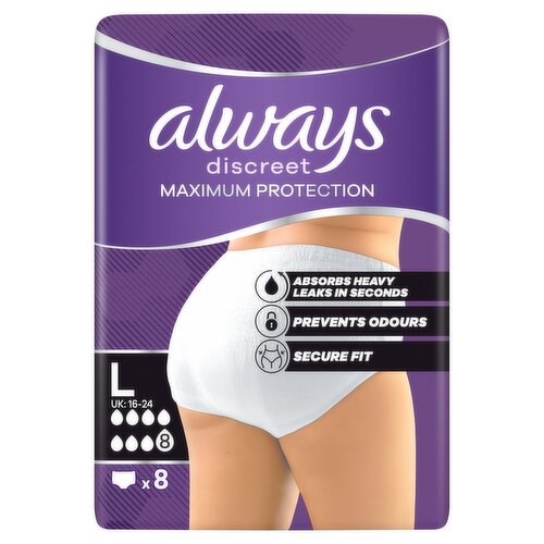 Always Discreet Incontinence Pant Maximum Protection 8 Drops, Size L, 8 Counts