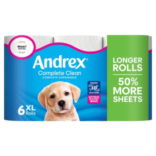 Andrex Complete Clean Toilet Tissue 6 MEGA Rolls 50% More sheets