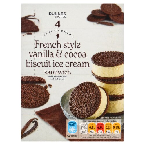 Dunnes Stores French Style Vanilla & Cocoa Biscuit Ice Cream Sandwich 240g (4x60g)