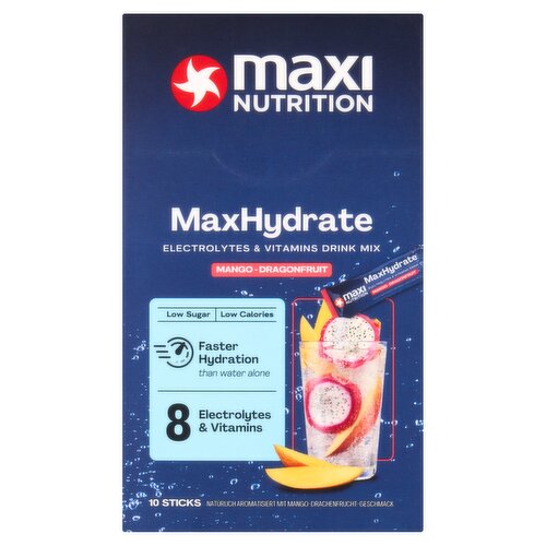 Maxi Nutrition MaxHydrate Mango-Dragonfruit Electrolytes & Vitamins Drink Mix Sticks 160g (10 x 16g)
