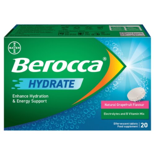 Berocca Hydrate Vitamins with Natural Grapefruit Flavour - Energy Support & Electrolytes for Fast Hydration - B Vitamins & Magnesium - 20 Tablets