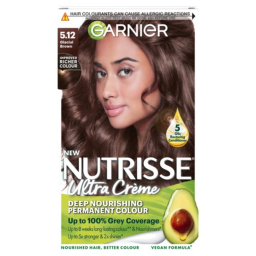 Garnier Nutrisse Ultra Crème Dye, Vegan, 5.12 Glacial Brown, cool, sophisticated tones for hair.