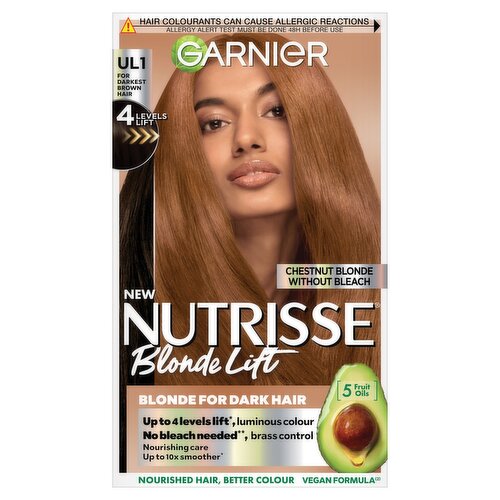 Garnier Nutrisse Blonde Lift Dye, Vegan, UL1 Chestnut Blonde Lift, rich, subtle blonde hues.