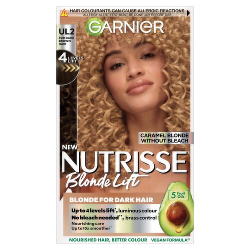 Garnier Nutrisse Blonde Lift Dye, Vegan, UL2 Caramel Blonde Lift, sweet and creamy blonde.