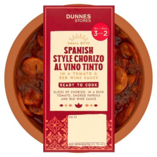 Dunnes Stores Small Bites Spanish Style Chorizo Al Vino Tinto in a Tomato & Red Wine Sauce 155g
