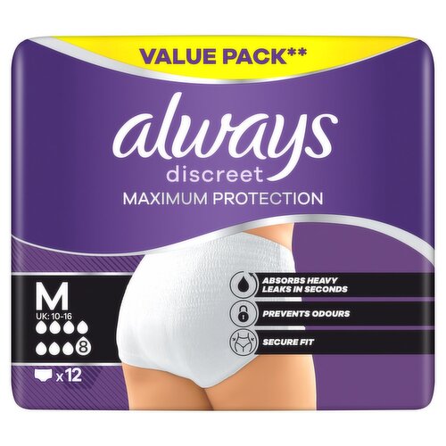 Always Discreet Incontinence Pant Maximum Protection 8 Drops, Size M, 12 Counts