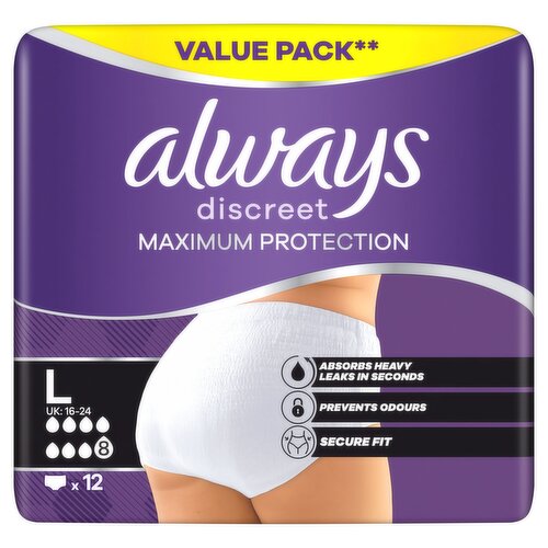 Always Discreet Incontinence Pant Maximum Protection 8 Drops, Size L, 12 Counts