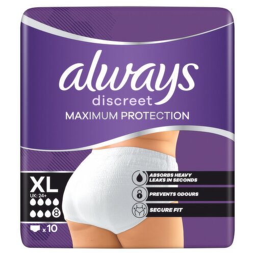 Always Discreet Incontinence Pant Maximum Protection 8 Drops, Size XL, 10 Counts