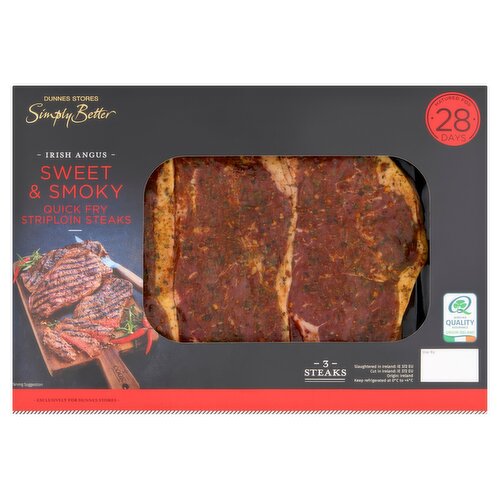 Dunnes Stores Simply Better 3 Irish Angus Sweet & Smoky Quick Fry Striploin Steaks 360g