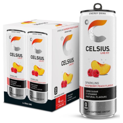 Celsius Energy Drink, Sparkling Raspberry Peach 4 x 355ml