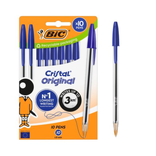 BIC Cristal Original Blue Ballpoint Pens Medium (1.00 mm) - Box of 10