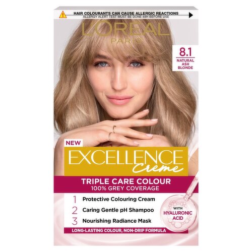 Excellence Créme 8.1 Natural Ash Blonde: 100% Grey, shiny, for a cool-toned result.