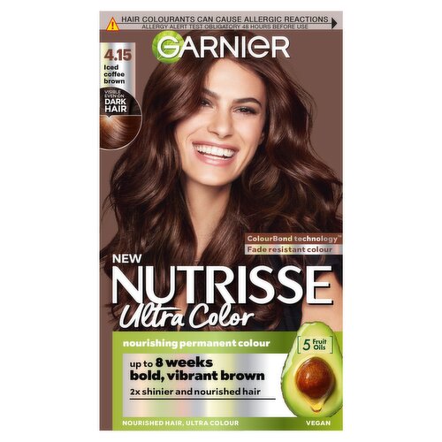 Garnier Nutrisse Ultra Color Dye, Vegan, 4.15 Iced Coffee Brown, cool and sophisticated hair shade.