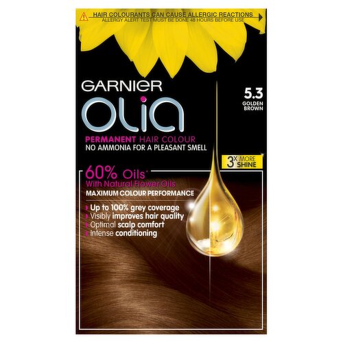 Garnier Olia 5.3 Golden Brown: 100% Grey Coverage, No Ammonia, for a radiant golden hue.