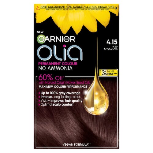 Garnier Olia 4.15 Iced Chocolate: 100% Grey Coverage, No Ammonia, for luminous hair color.