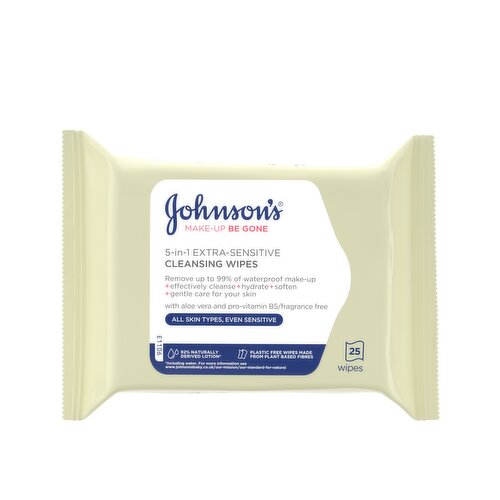 JOHNSON'S Make-Up Be Gone 5-in-1 Extra-Sensitive Wipes, 25 Wipes