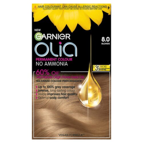Garnier Olia 8.0 Blonde: 100% Grey Coverage, No Ammonia, offering luminous and shiny results.
