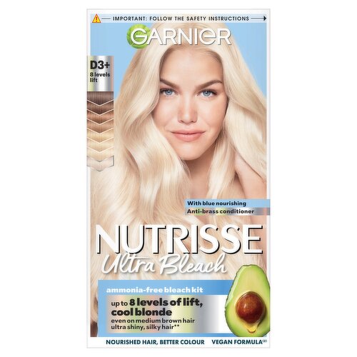 Garnier Nutrisse Ultra Bleach Dye, Vegan, D3+ Cool Blonde, brilliant, icy blonde hair color.