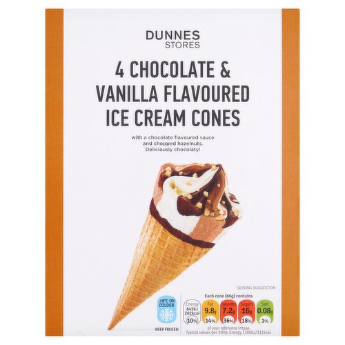 Dunnes Stores 4 Chocolate & Vanilla Ice Cream Cones (4x65g) 260g