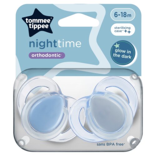 Tommee Tippee 2x Nighttime Soothers, Glow in the Dark, Steriliser Pod, 6-18m
