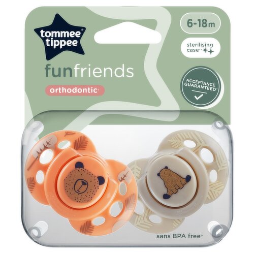 Tommee Tippee 2x Fun Soothers, Symmetrical, BPA-Free, Steriliser Pod, 6-18m