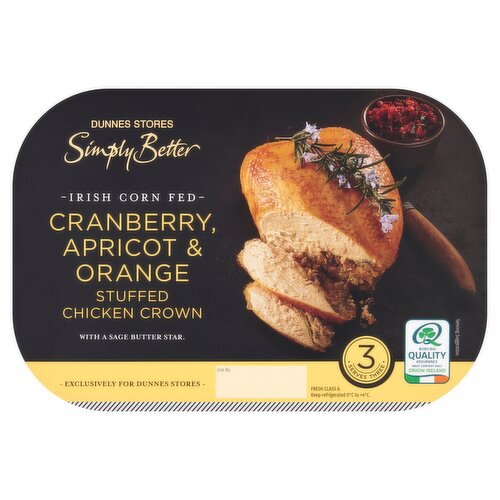 Dunnes Stores Simply Better Irish Corn Fed Cranberry Apricot & Orange Stuffed Chicken Crown 700g