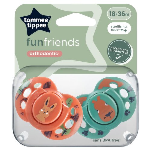 Tommee Tippee 2x Fun Soothers with Steriliser Pod, Symmetrical, BPA Free, 18-36m