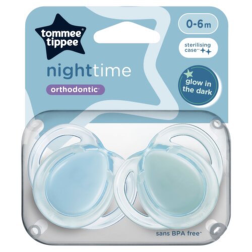 Tommee Tippee 2x Nighttime Soothers with Steriliser Pod, Glow in the Dark, 0-6m