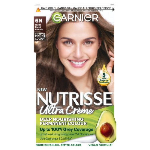 Garnier Nutrisse Ultra Crème Dye, Vegan, 6N Nude Light Brown, 100% grey coverage, no ammonia.