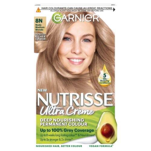 Garnier Nutrisse Ultra Crème Dye, Vegan, 8N Nude Medium Blonde, balanced and natural hair color.