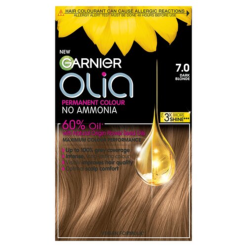 Garnier Olia 7.0 Dark Blonde: 100% Grey Coverage, No Ammonia, for luminous, natural blonde.