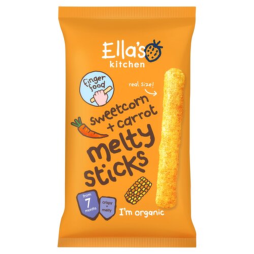 Ella's Kitchen Organic Sweetcorn and Carrot Melty Sticks Baby Snack 7+ Months 16g