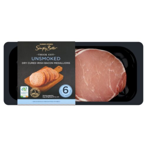 Dunnes Stores Simply Better 6 Thick Cut Unsmoked Dry Cured Irish Bacon Medallions 200g