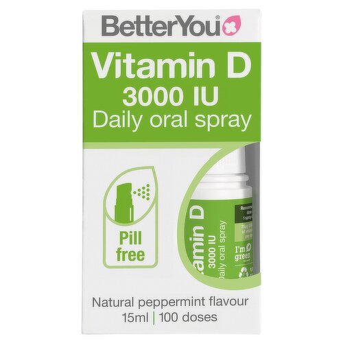 BetterYou Vitamin D 3000 IU Oral Spray, Pill-free Vitamin D3 Supplement, Supports Bones, Teeth and a Healthy Immune System, 3-month Supply, Natural Peppermint Flavour