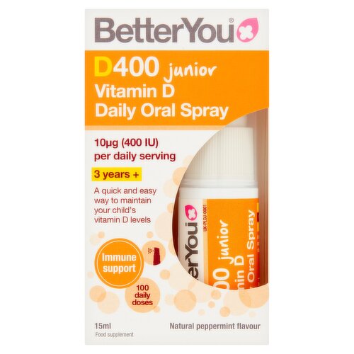 BetterYou Vitamin D 400 IU Junior Oral Spray, Fast Acting Vitamin D3 Supplement for Kids, 3-month Supply, Sugar Free Natural Peppermint Flavour