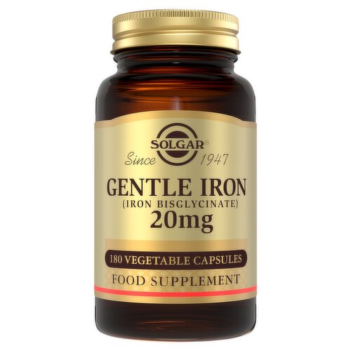 Solgar Gentle Iron (Iron Bisglycinate) 20mg Non-Constipating Food Supplement 90 Vegetable Capsules