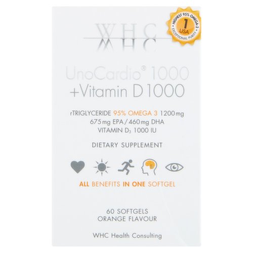 WHC UnoCardio 1000 + Vitamin D 1000 Orange Flavour 60 Softgels 107g