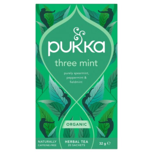 Pukka Organic Three Mint Tea 20 Home Compostable Herbal Tea Bags 32g