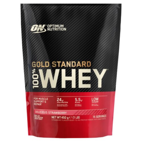 Optimum Nutrition Gold Standard Whey Protein Powder, Delicious Strawberry Flavour, 15 servings, 450g