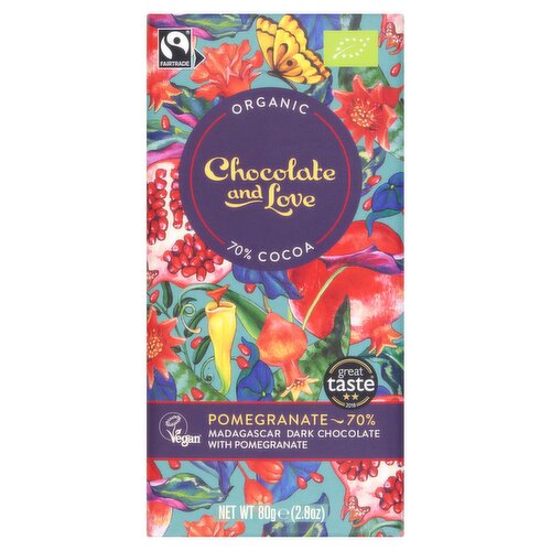 Chocolate and Love Organic 70% Madagascar Dark Chocolate with Pomegranate 80g