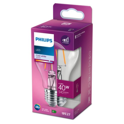 Philips LED Clear E27 Edison Screw 4.3W (40 Equivalent) Non-Dimmable Warm White Single Pack