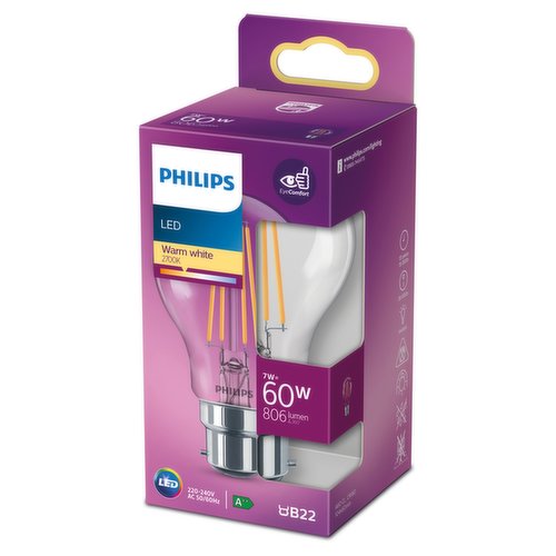 Philips LED Clear B22 Bayonet Cap 7W (60 Equivalent) Non-Dimmable Warm White Single Pack