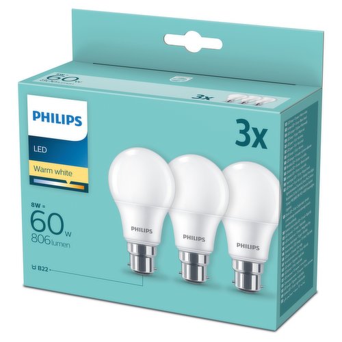 Philips LED Frosted Light Bulb B22 Bayonet Cap 8W (60 Equivalent) Non-Dimmable Warm White 3 Pack