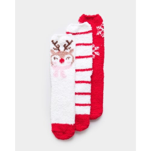 Kids Christmas Fluffy Socks - Pack Of 3 Red 4-6.5