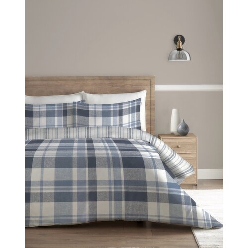 Brushed Cotton Check Flannel Duvet Set Blue Double